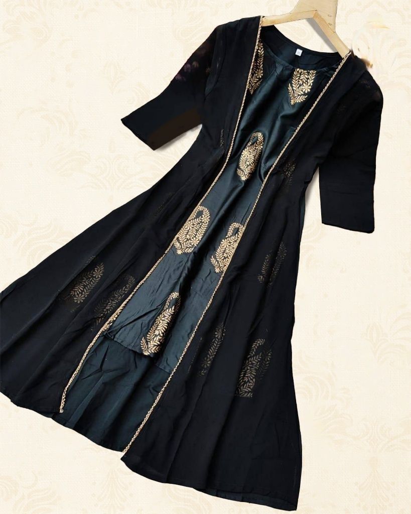 Elegant Crepe Kurti with Foil Print & Lace – Complete Legging Set KURTI JCS Fashions Black Medium (38)