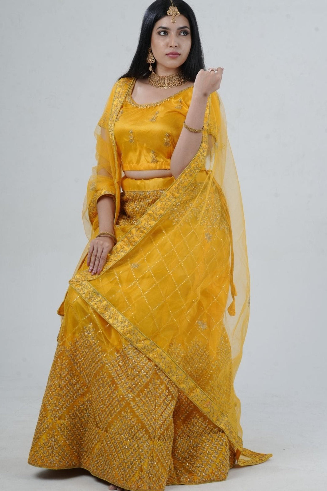 Elegant Designer Lehenga with Embroidery and Sparkling Sequins Detail LEHENGA JCS Fashions Mustard Yellow Large (40)