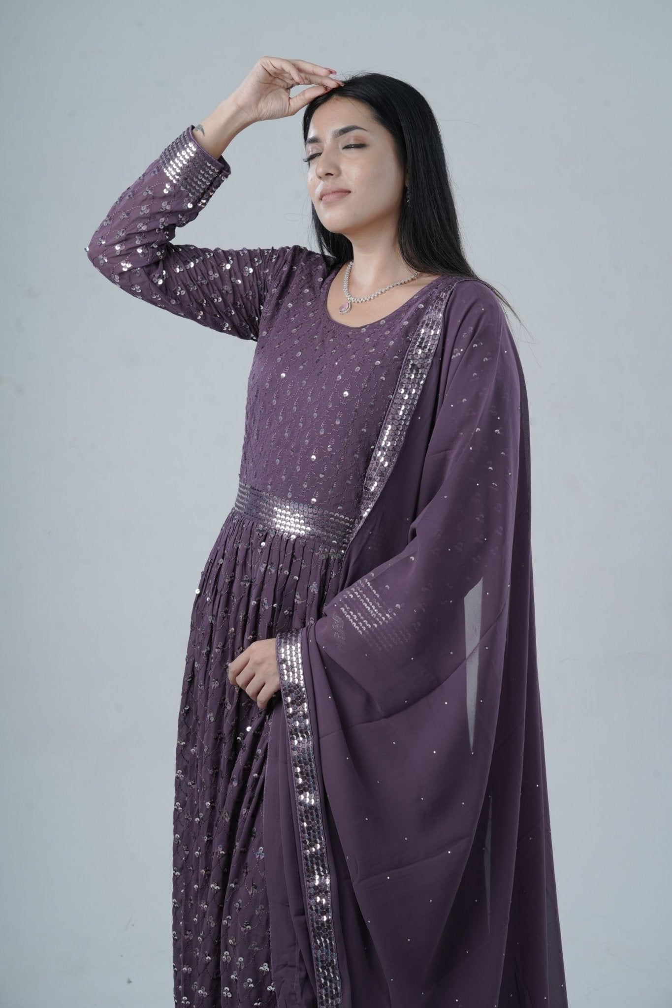 Elegant Georgette Gown with Sparkling Sequins and Silk Santoon Pants KURTI JCS Fashions