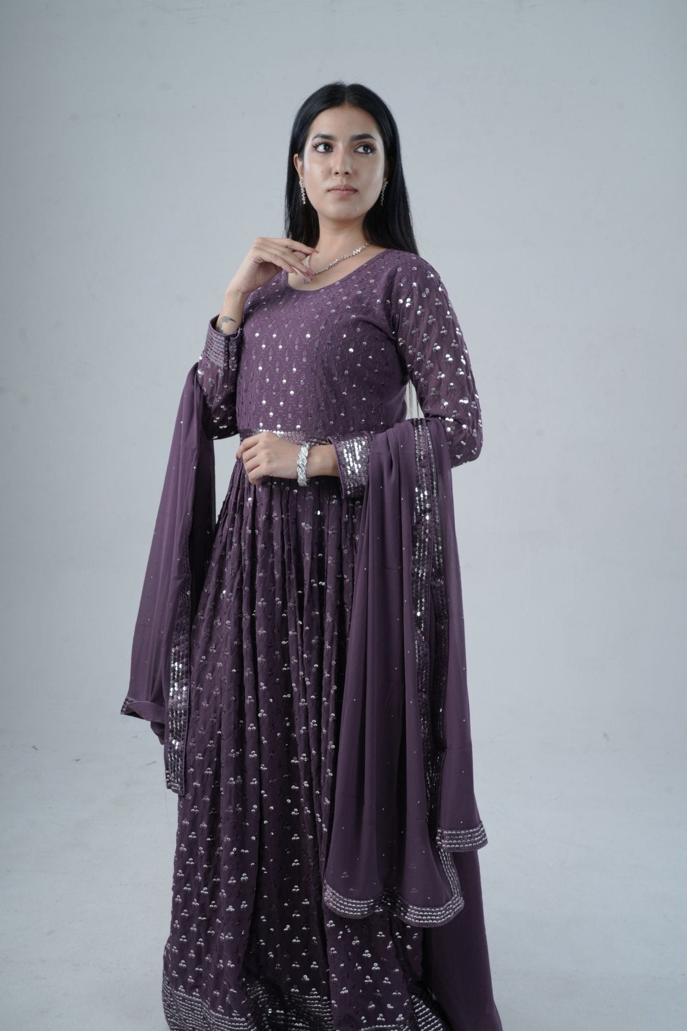 Elegant Georgette Gown with Sparkling Sequins and Silk Santoon Pants KURTI JCS Fashions