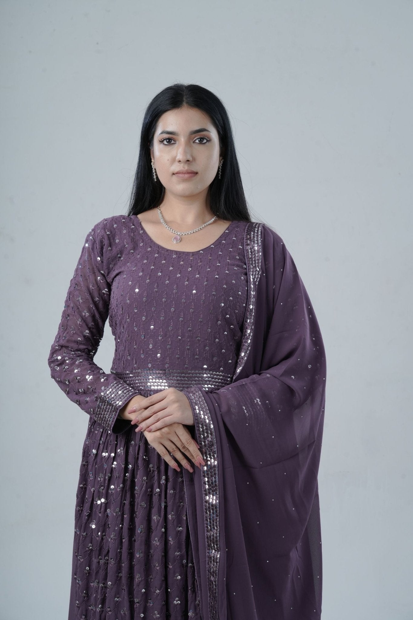Elegant Georgette Gown with Sparkling Sequins and Silk Santoon Pants KURTI JCS Fashions