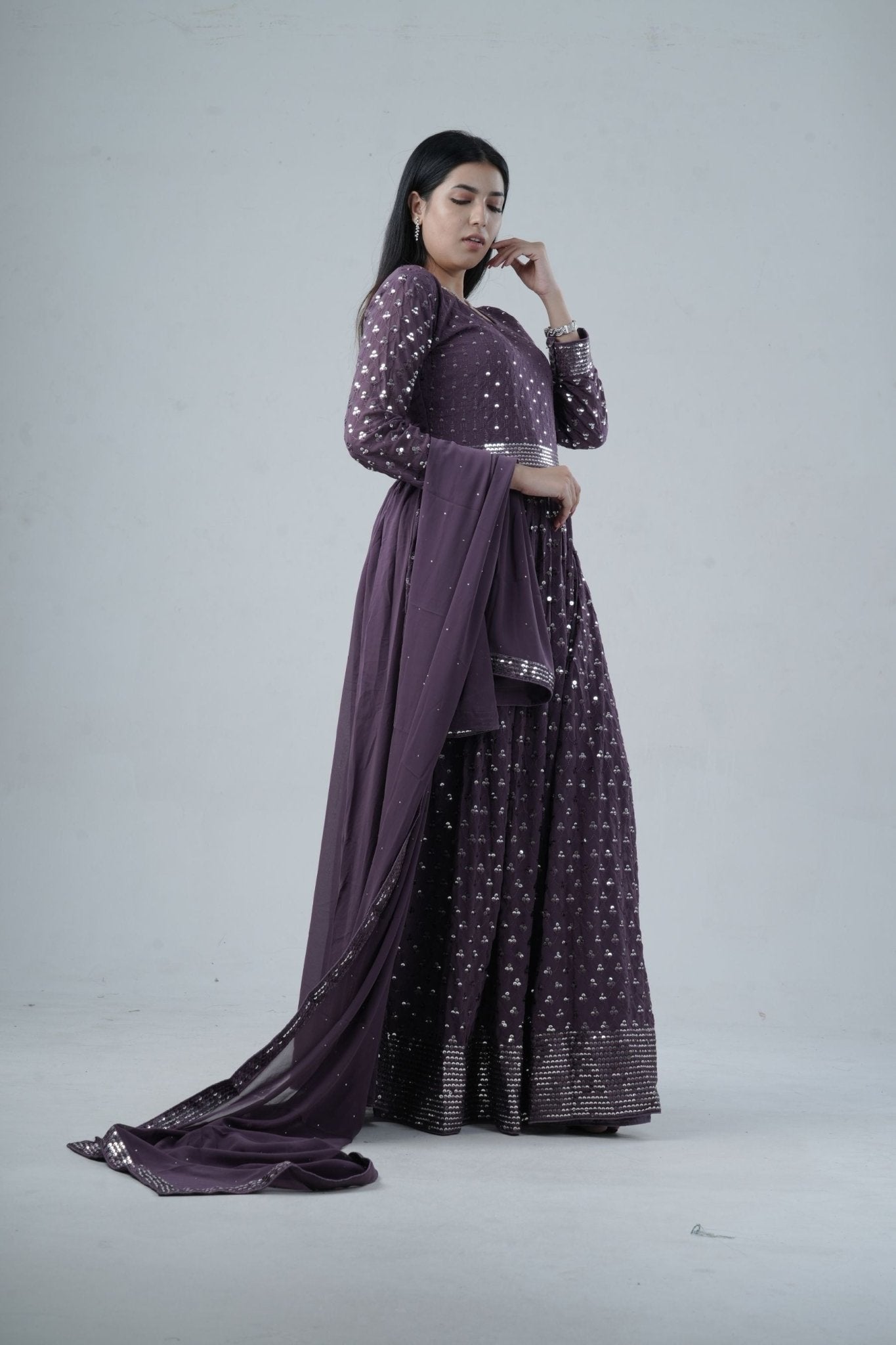 Elegant Georgette Gown with Sparkling Sequins and Silk Santoon Pants KURTI JCS Fashions