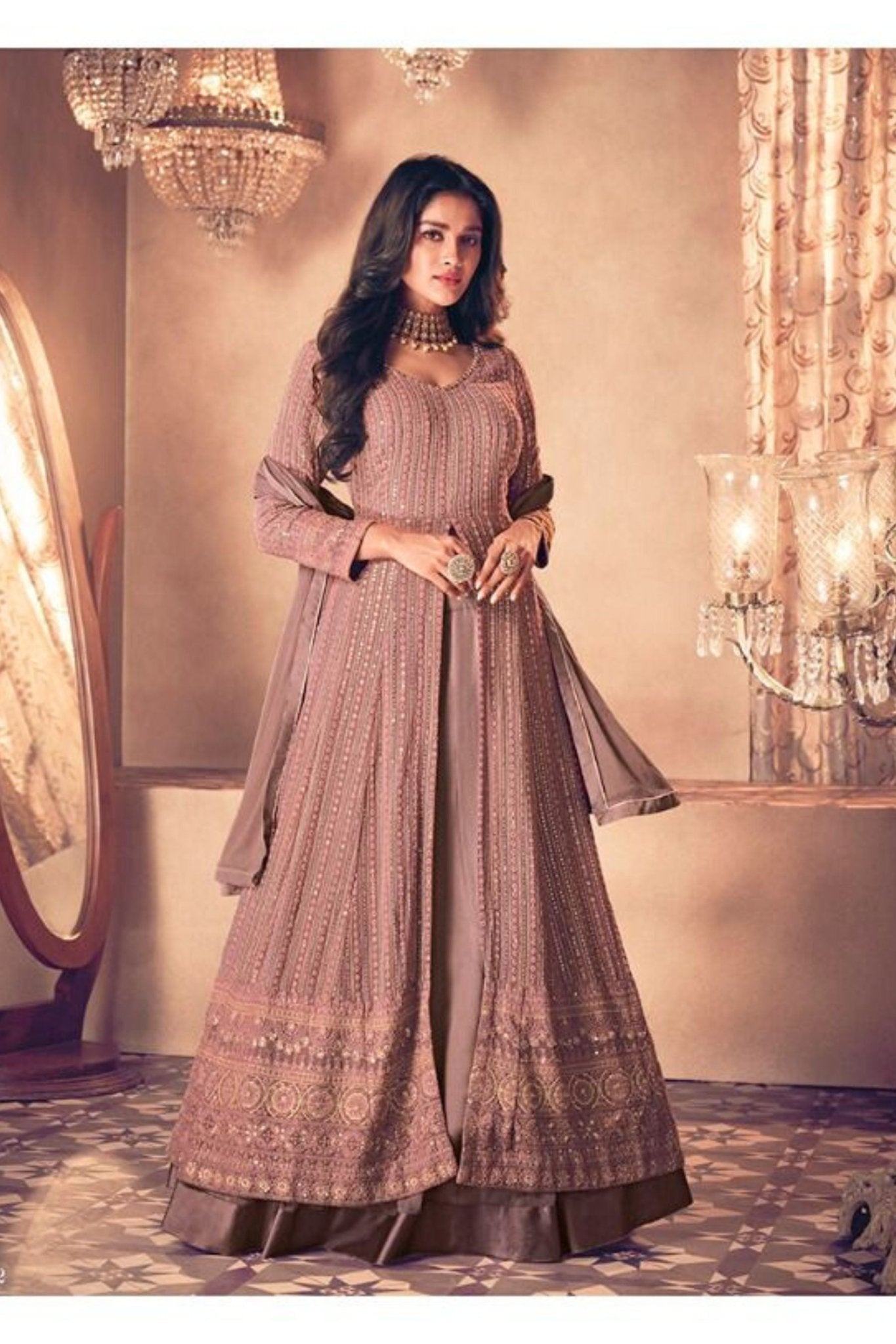 Elegant Georgette Salwar Suit and Skirt Set with Sequin Details KURTI JCS Fashions Onion Pink Medium (38)