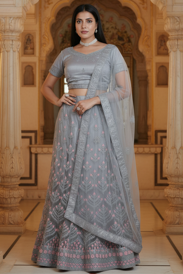 Gray Glitter Embroidery Soft Net Lehenga with Crop Top