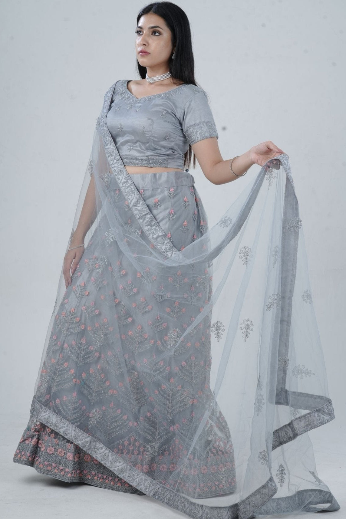Elegant Glitter Embroidery Designer Soft Net Lehenga with Crop Top LEHENGA JCS Fashions