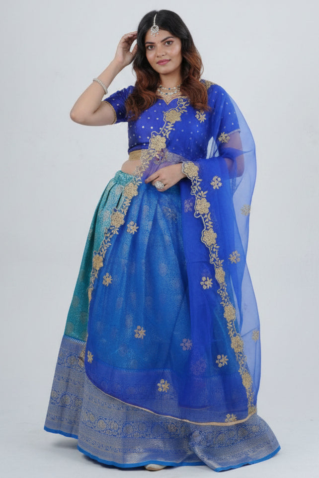 Elegant Kanchipuram Silk Lehenga with Zari Border & Beaded Organza Dupatta LEHENGA JCS Fashions