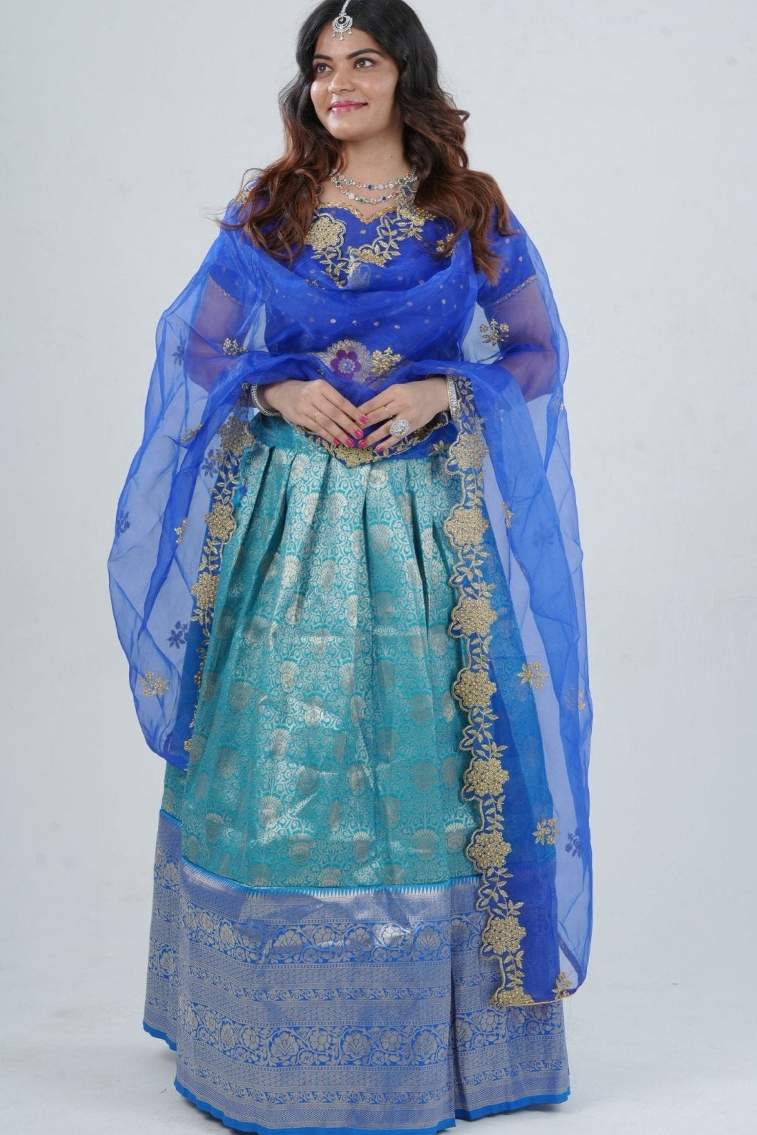Elegant Kanchipuram Silk Lehenga with Zari Border & Beaded Organza Dupatta LEHENGA JCS Fashions Blue Medium (38)