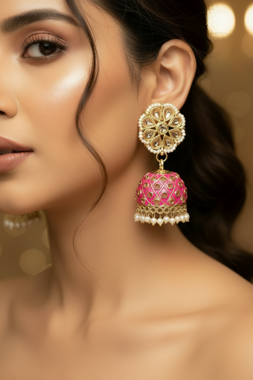 Green Kundan Jhumka Earrings With stones and imitation