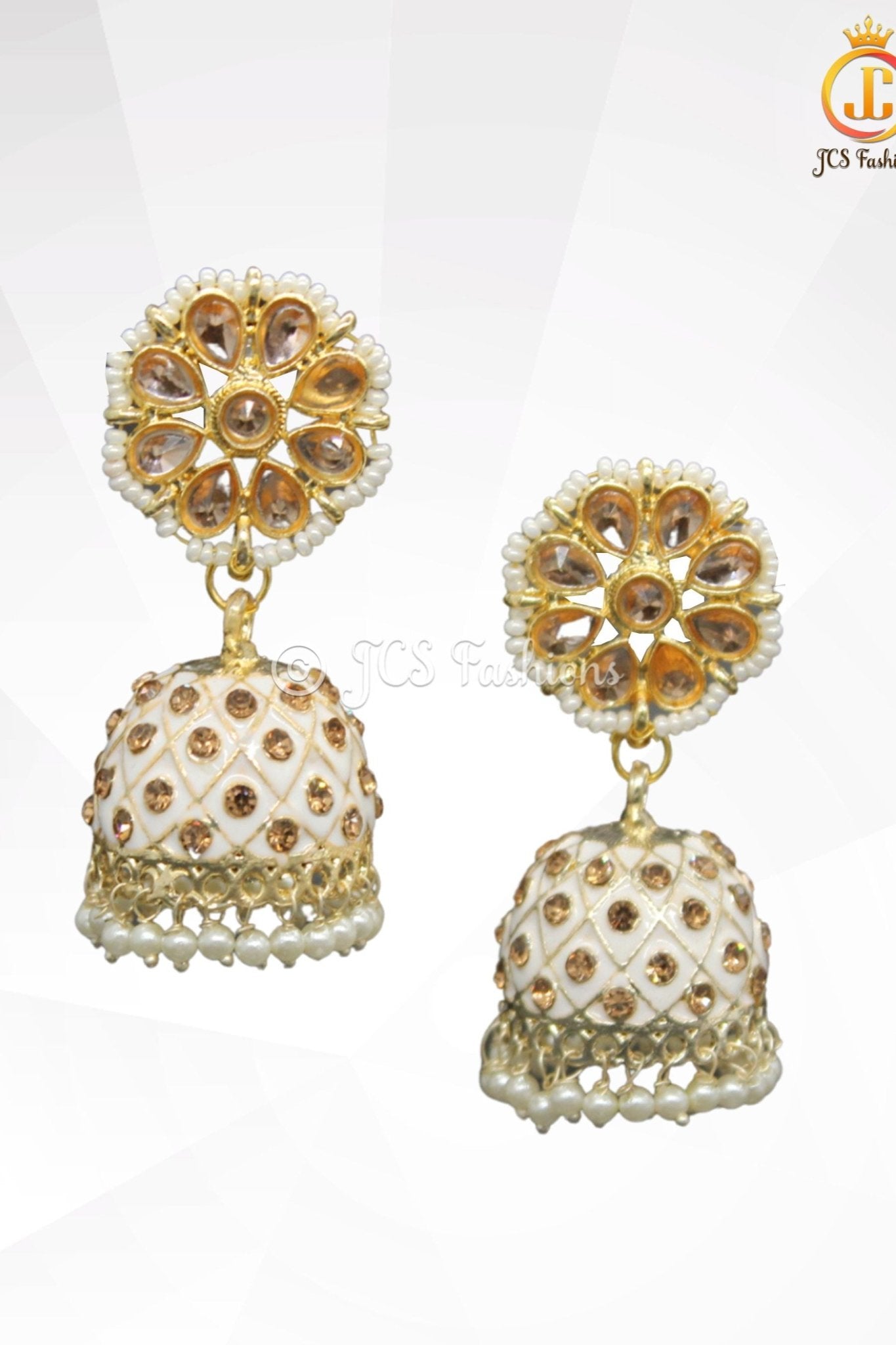 Elegant Kundan Jhumka Earrings With stones and imitation pearls. Jewelry JCS Fashions
