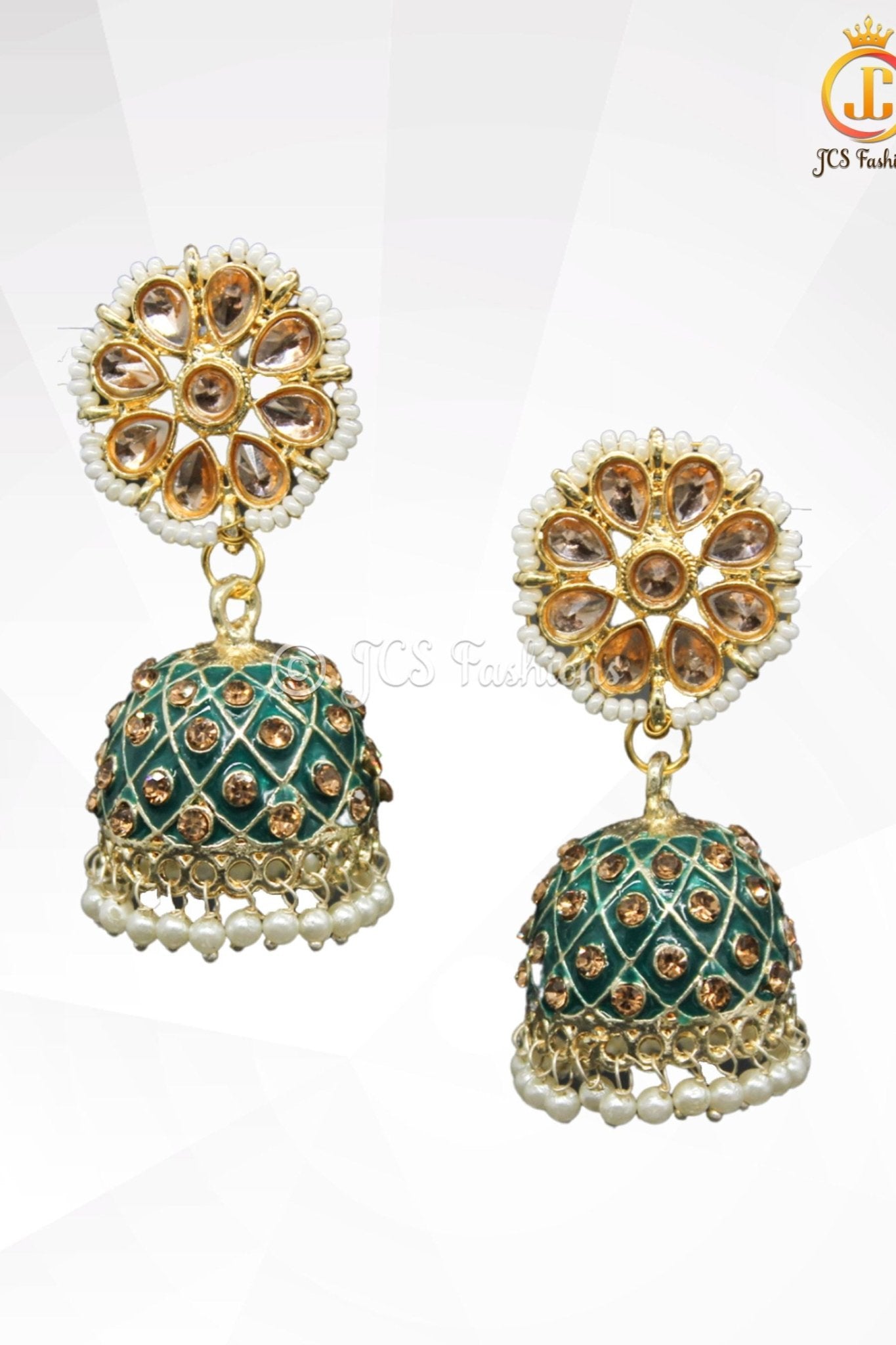 Elegant Kundan Jhumka Earrings With stones and imitation pearls. Jewelry JCS Fashions