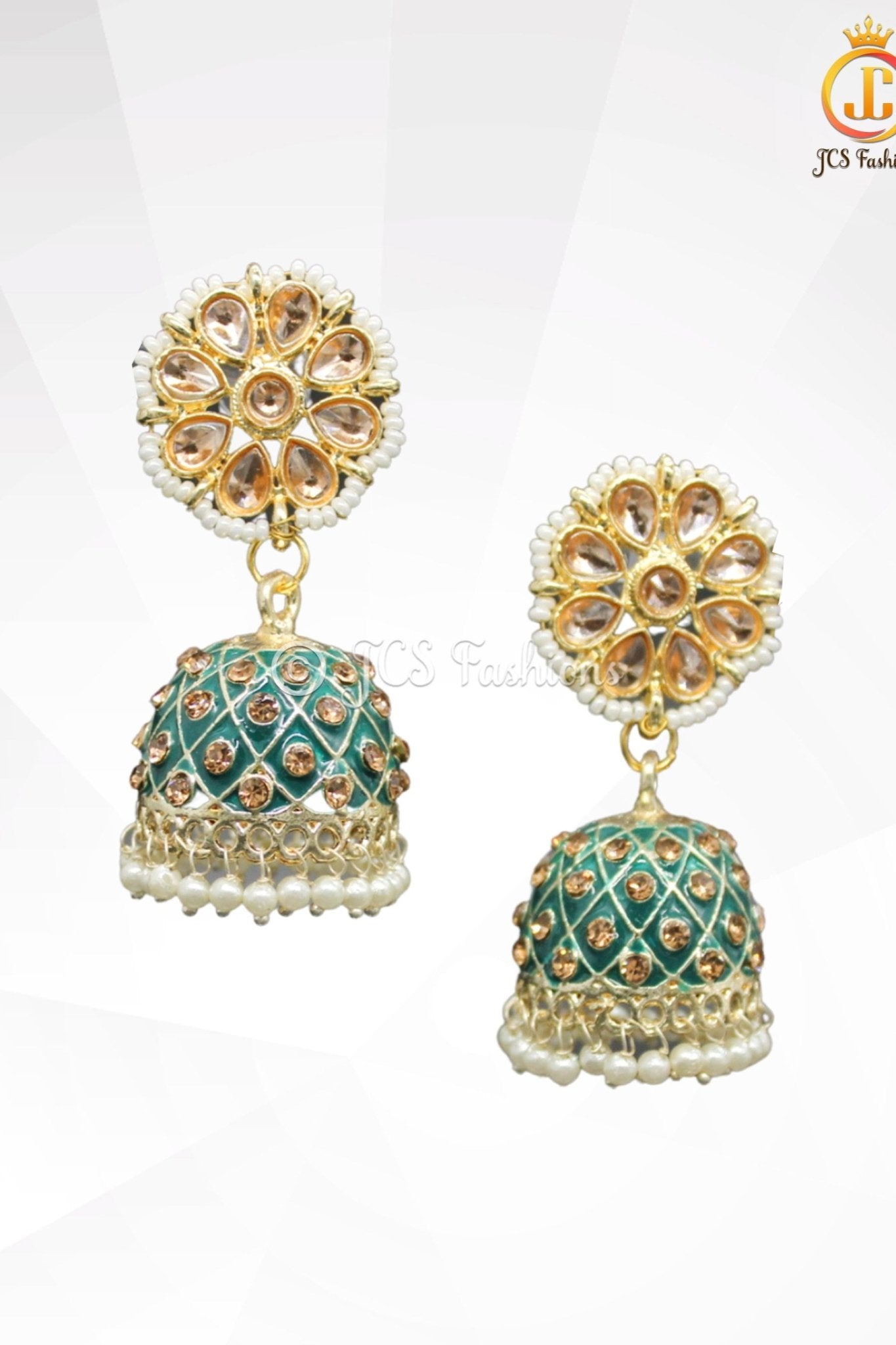 Elegant Kundan Jhumka Earrings With stones and imitation pearls. Jewelry JCS Fashions