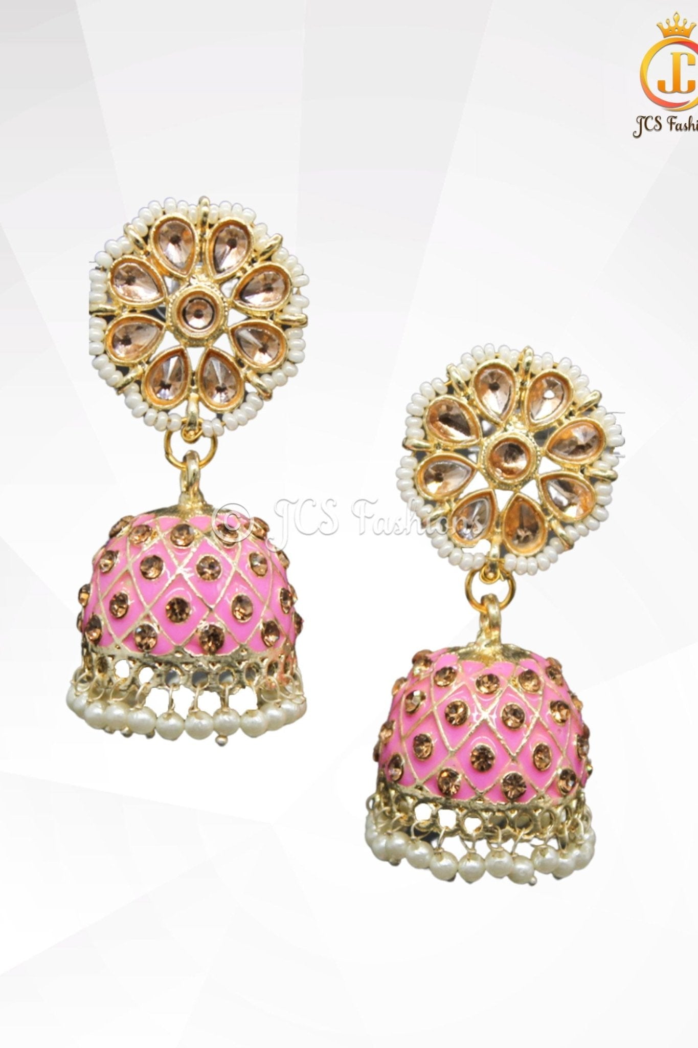 Elegant Kundan Jhumka Earrings With stones and imitation pearls. Jewelry JCS Fashions