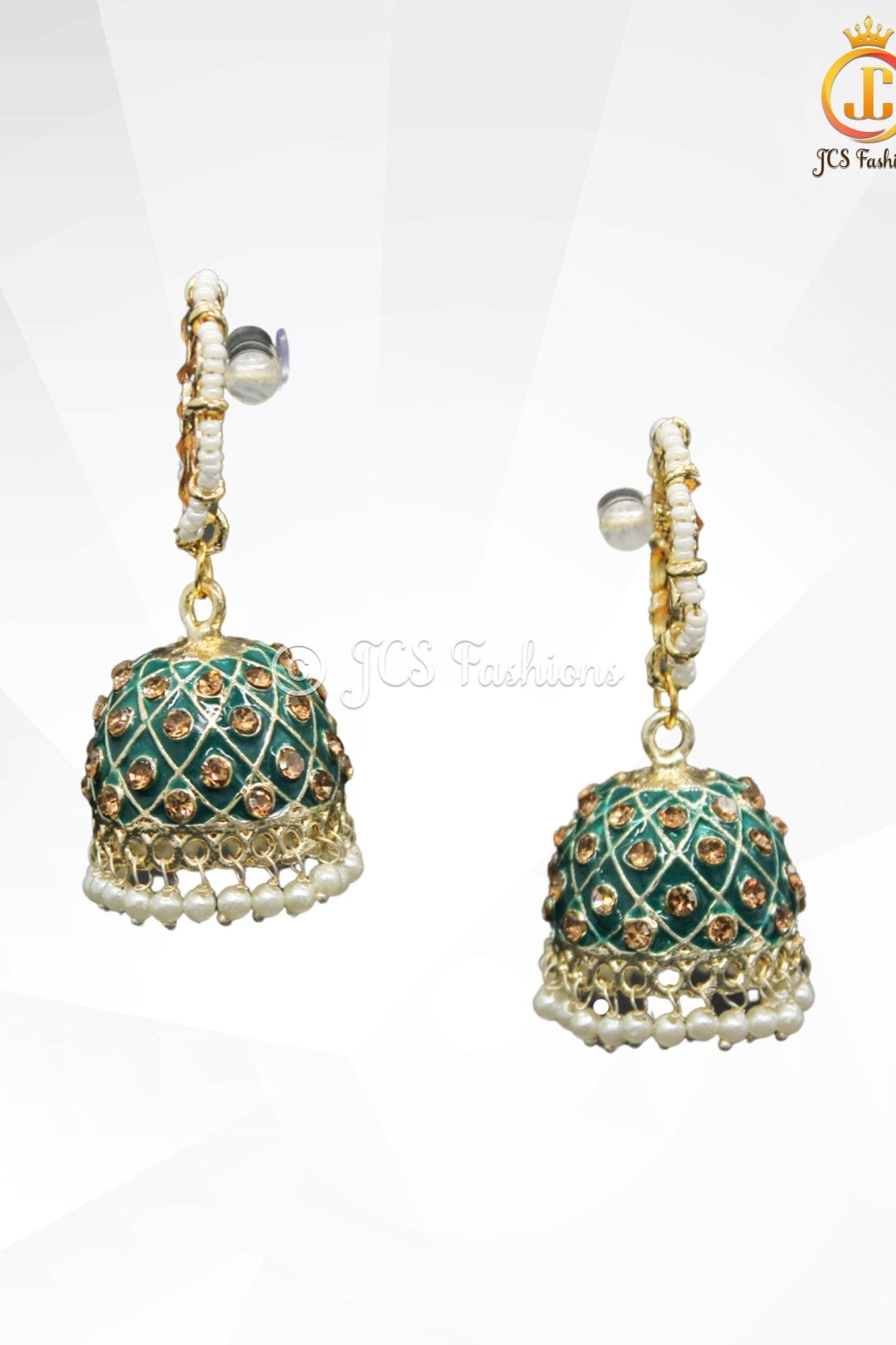 Elegant Kundan Jhumka Earrings With stones and imitation pearls. Jewelry JCS Fashions