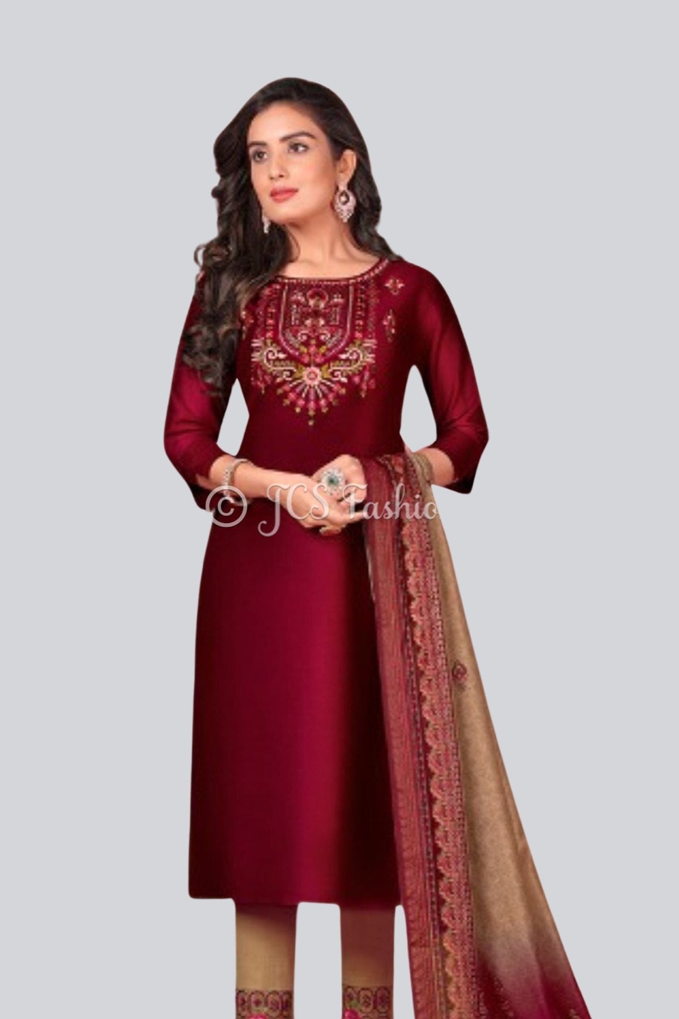 Embroidered Bemberg Silk Top Set with Lycra Pant & Chanderi Dupatta KURTI JCS Fashions Red Medium (38)
