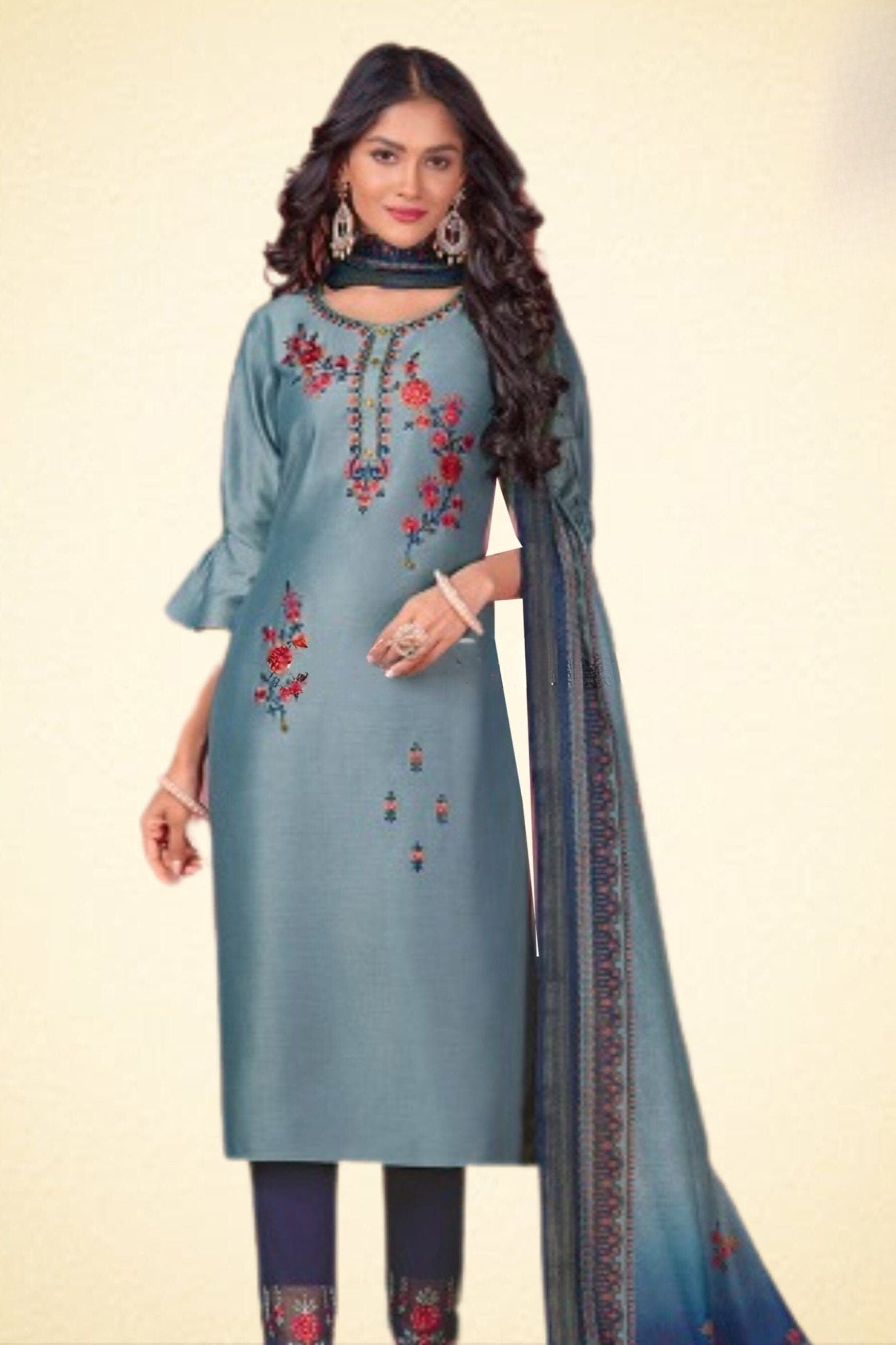 Elegant Salwar Set with Silk Top, Lycra Pant and Dupatta KURTI JCS Fashions Light Blue Medium (38)