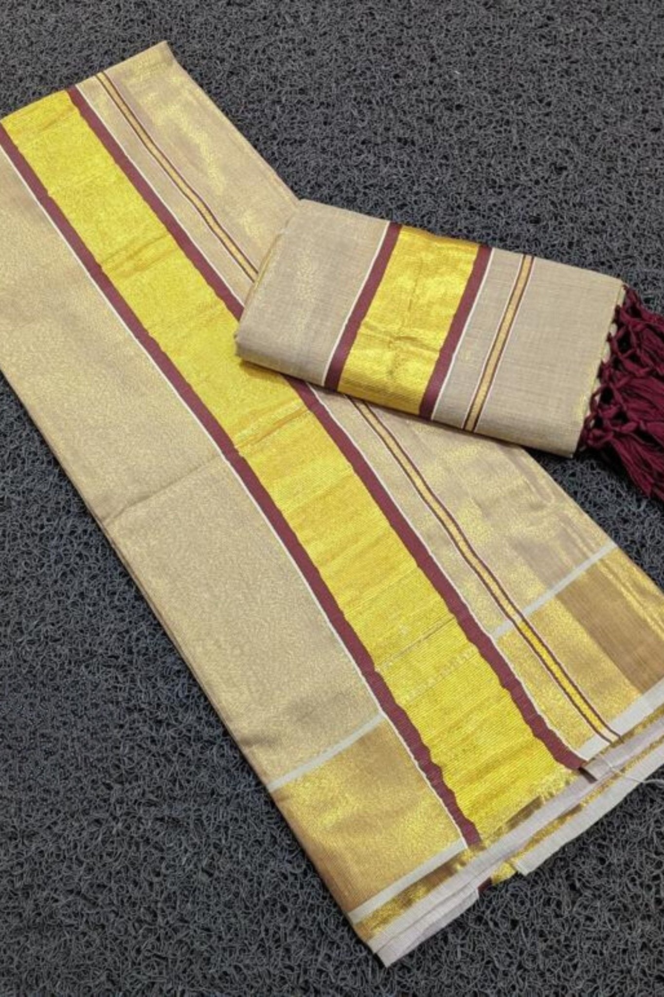 Elegant Saree Vishu Collection - Premium Tissue Set Mundu with Tussels Saree JCS Fashions Maroon 2.8*2 mtrs