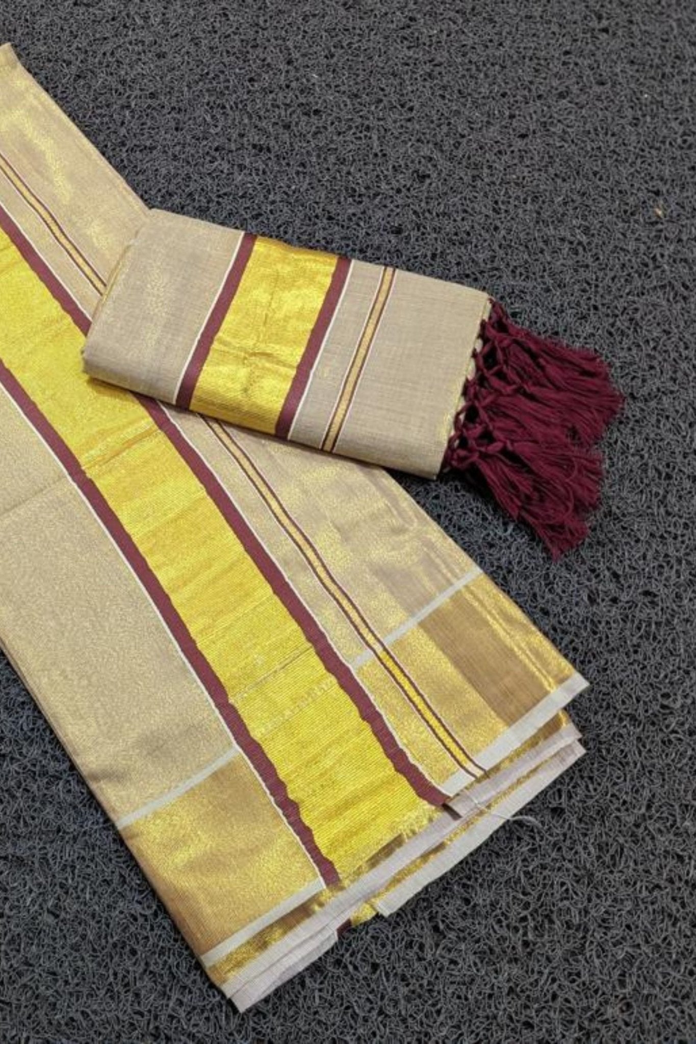 Elegant Saree Vishu Collection - Premium Tissue Set Mundu with Tussels Saree JCS Fashions