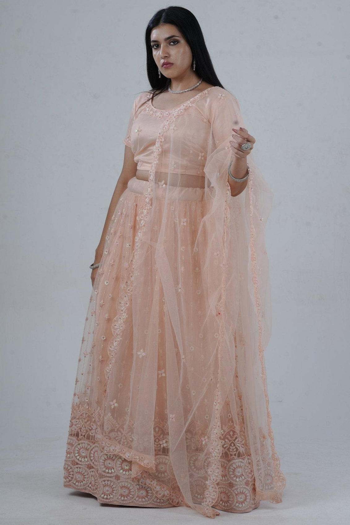 Elegant Soft Net Lehenga With Premium Beadwork & Sequins Embellishments LEHENGA JCS Fashions Pastel Peach Large (40)