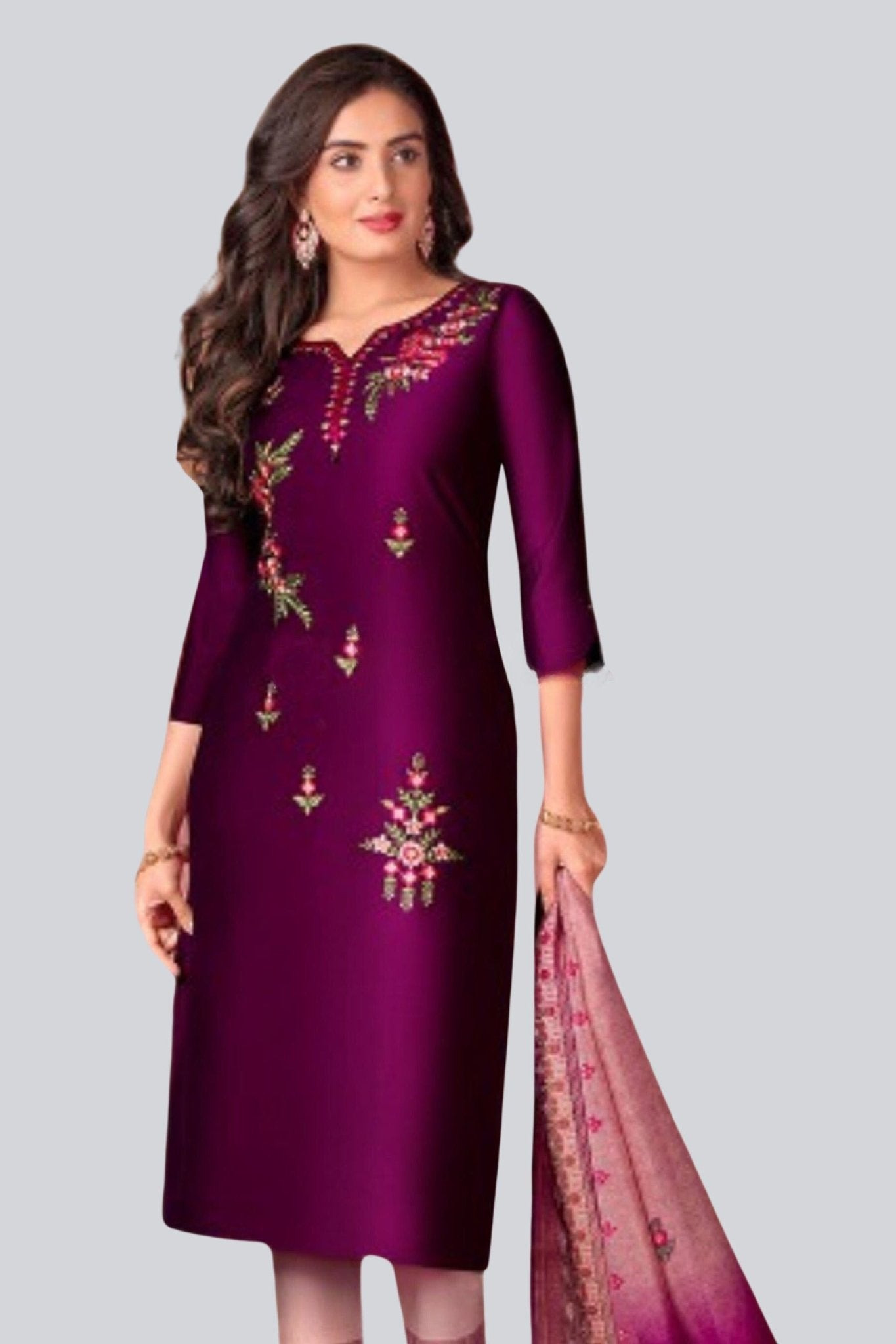 Embroidered Bemberg Silk Top with Lycra Pant - JCS Fashions KURTI JCS Fashions Wine Medium (38)