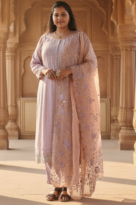 Embroidered Chinnon Kurti with Sequins | Stylish Ethnic Wear KURTI JCS Fashions Mauve Large (40)