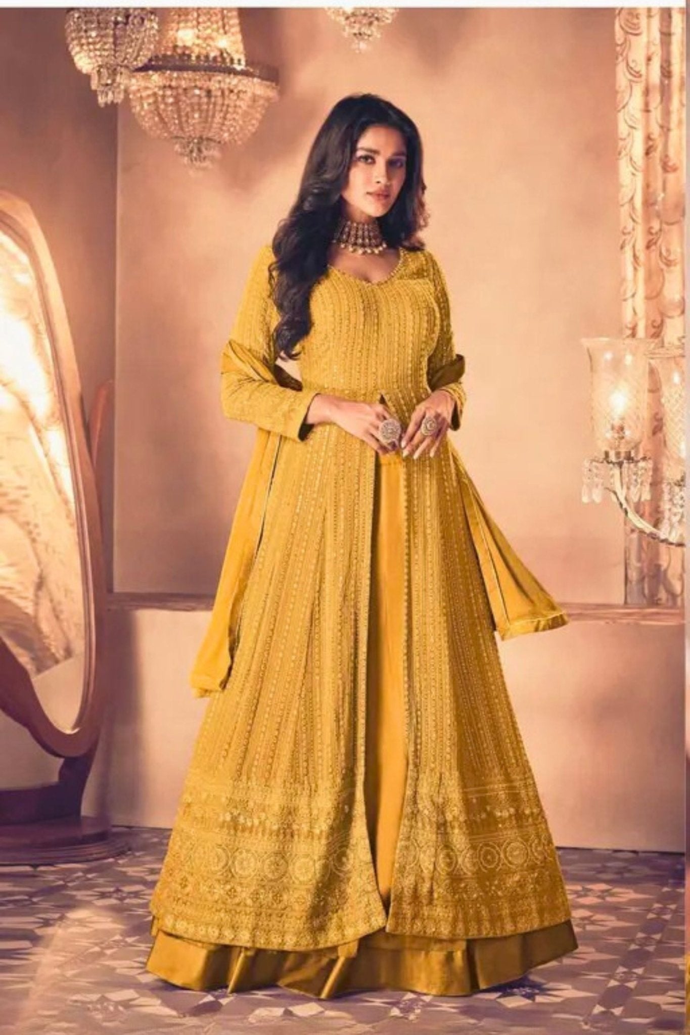 Embroidered Georgette Salwar Suit with Skirt and Dupatta Set Skirt& Top JCS Fashions Mustard Medium (38)