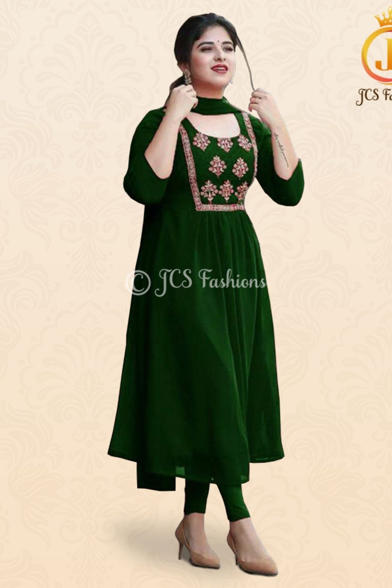 Embroidered Georgette Anarkali Dress Set with 3 Pc set KURTI JCS Fashions Green Medium (38)