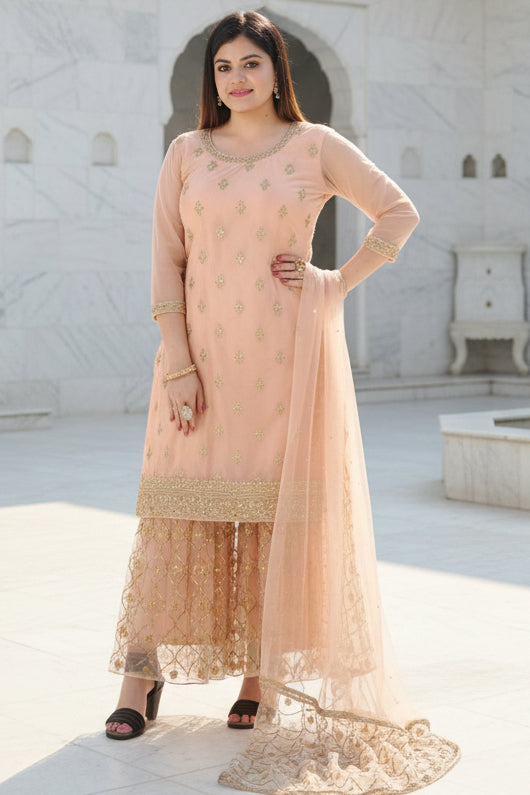 Ethnic Elegance: Soft Net Sharara - Perfect for Special Occasions KURTI JCS Fashions Peach Medium (38)