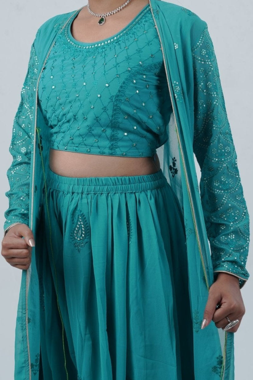 Exquisite Crop Top with Palazzo Pants With Matching Dupatta and Overcoat KURTI JCS Fashions