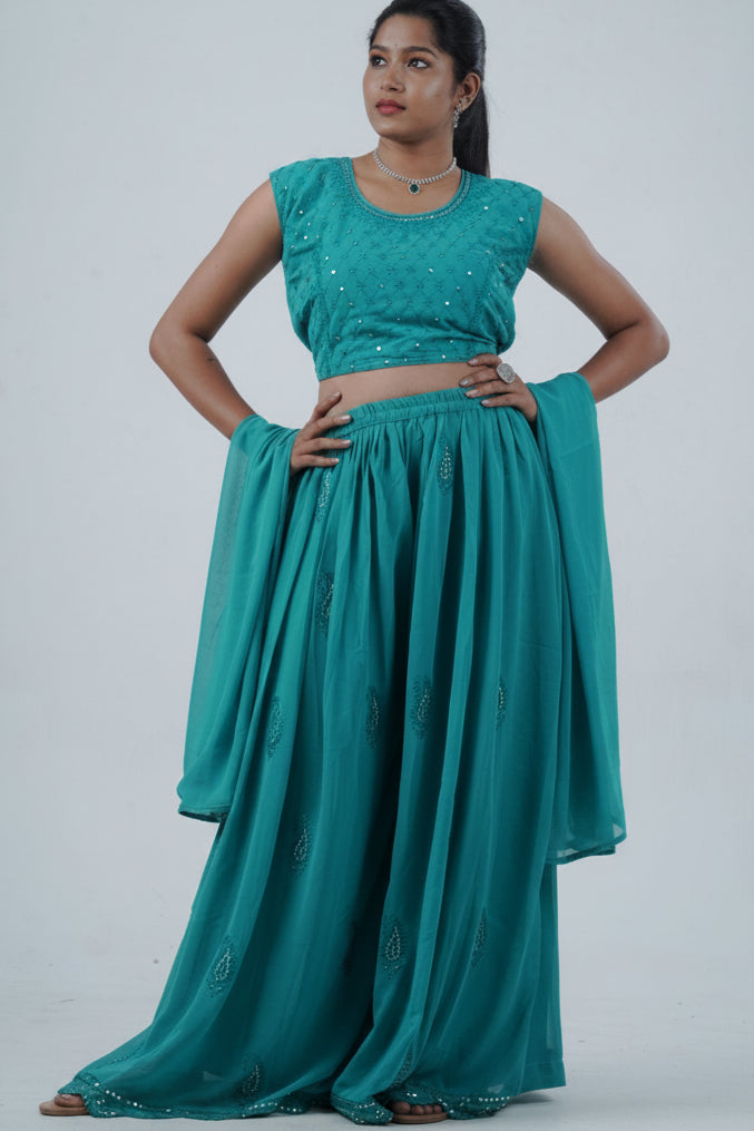 Exquisite Crop Top with Palazzo Pants With Matching Dupatta and Overcoat KURTI JCS Fashions