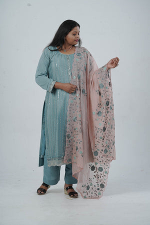 Exquisite Embroidered Chinnon Salwar Kameez: Elegant Kurti with Sequins Work