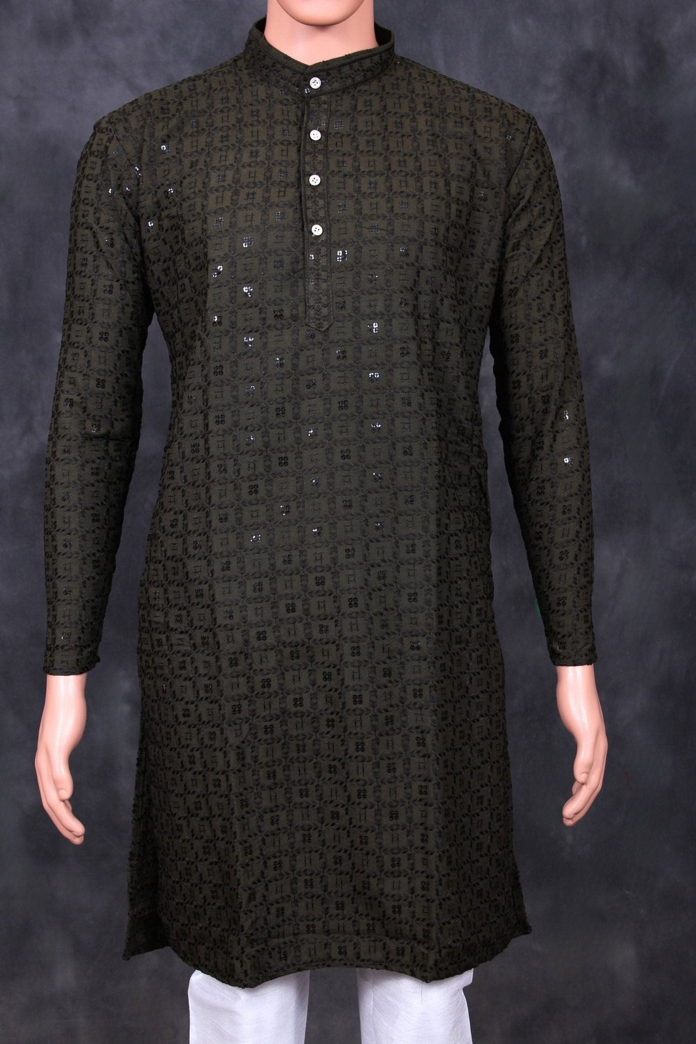 Exquisite Men's Lakhnavi Kurta with Detailed Resham Work - JCSFashions Men JCS Fashions Dark Green Small (36)