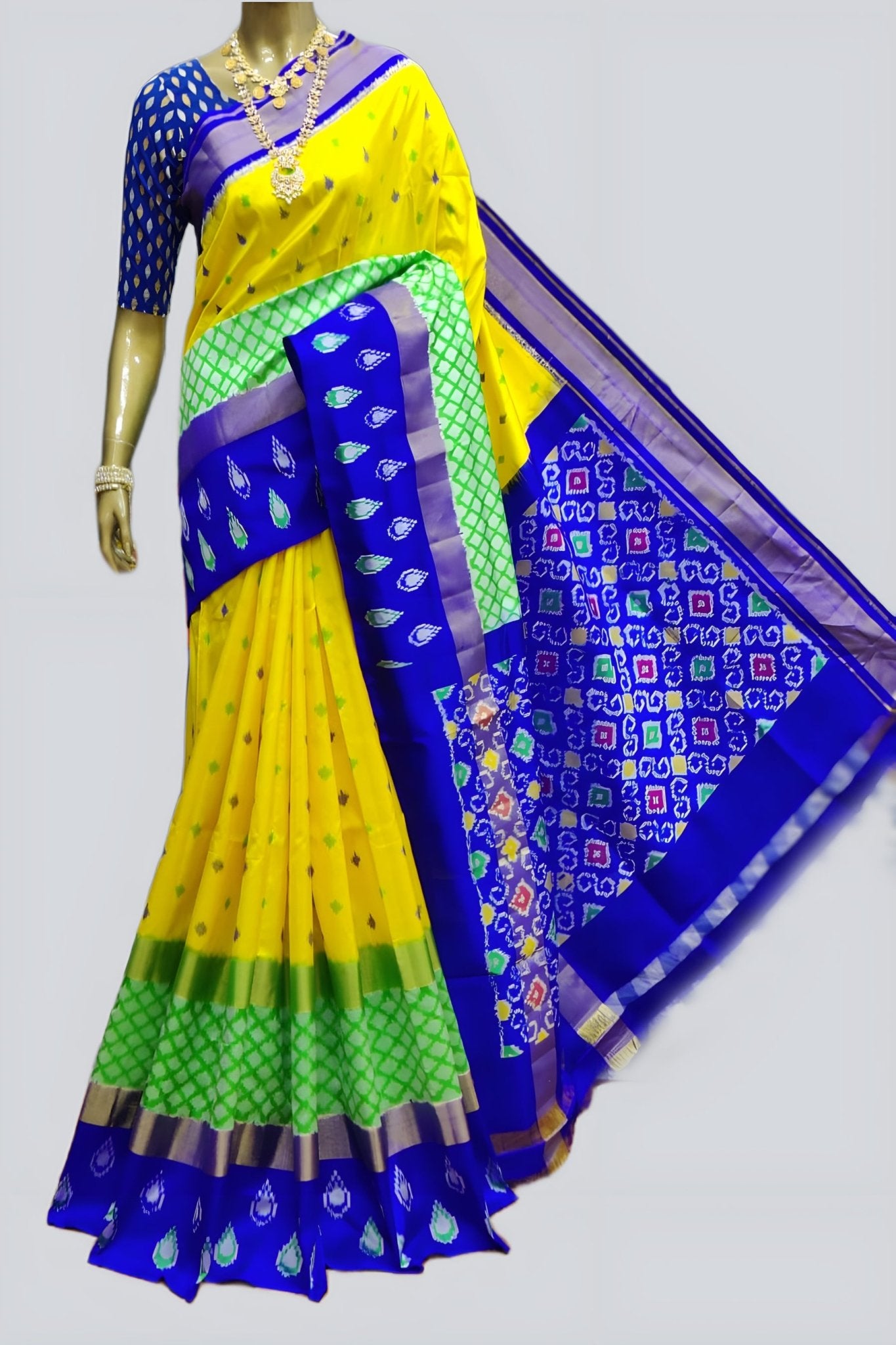 Exquisite Pure Pochampally Ikkat Silk Saree | Flowy & Unique Borders SAREE JCS Fashions Yellow 5.5 meters