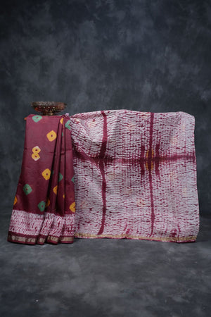 Maroon RAW SILK SHIBORI Sarees: Real Bandini and Zari