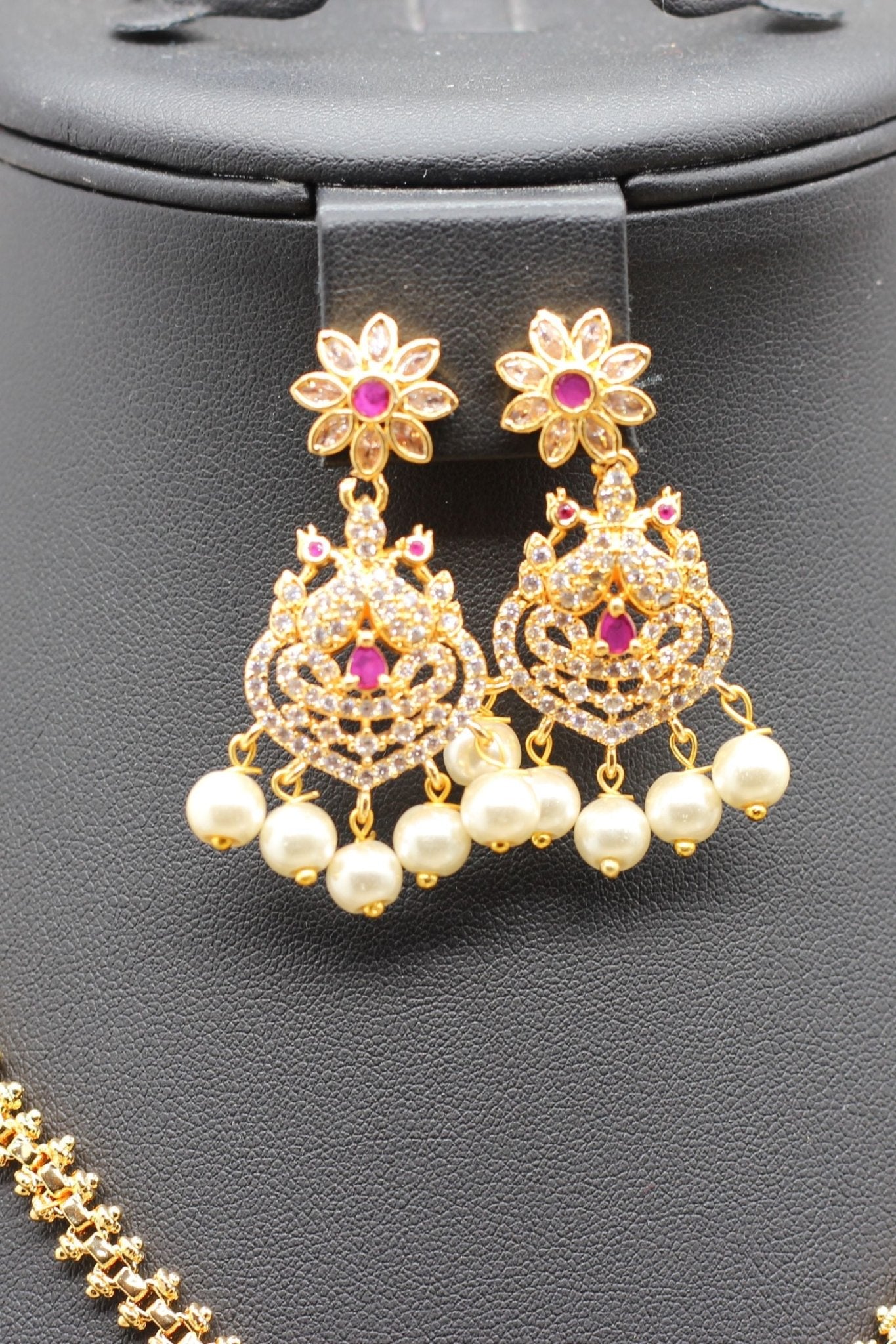 Exquisite Stone Pendant Chain & Earring Set – White & Pink Stone Harmony Jewelry JCS Fashions