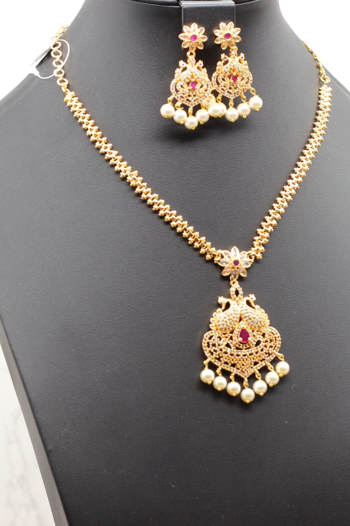 Exquisite Stone Pendant Chain & Earring Set – White & Pink Stone Harmony Jewelry JCS Fashions White and Pink 11"