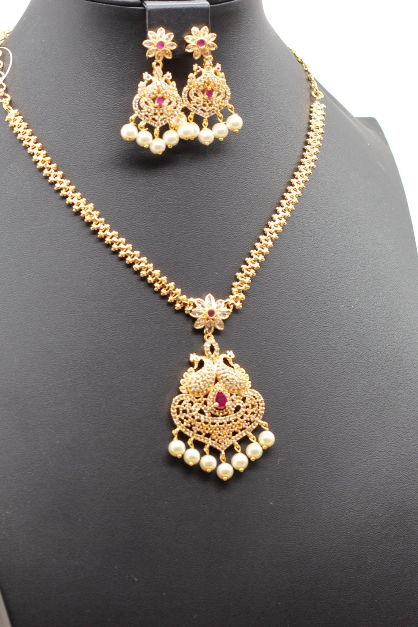 Exquisite Stone Pendant Chain & Earring Set – White & Pink Stone Harmony Jewelry JCS Fashions