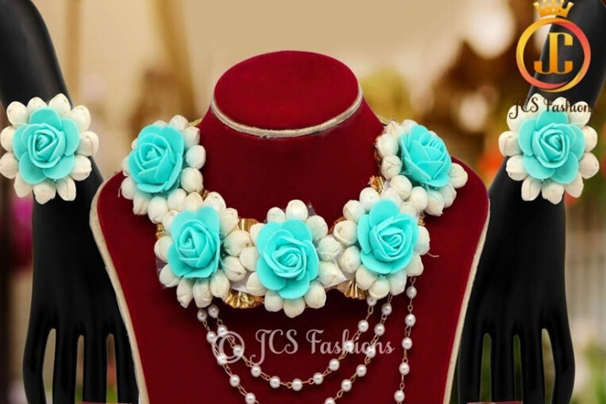 Firozi Color Rose Floral Necklace Set with Adjustable Rope & Earrings Jewelry JCS Fashions