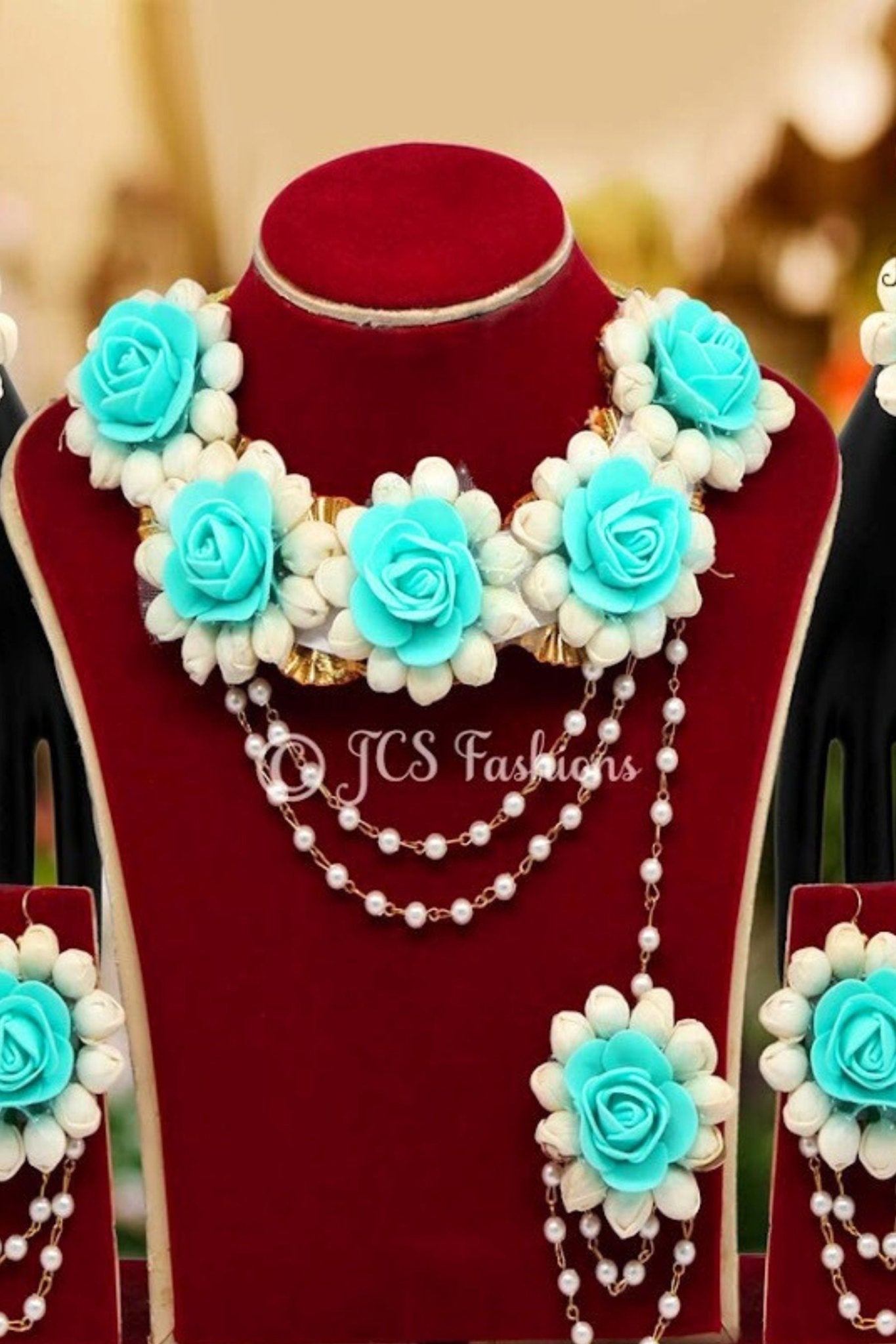 Firozi Color Rose Floral Necklace Set with Adjustable Rope & Earrings Jewelry JCS Fashions