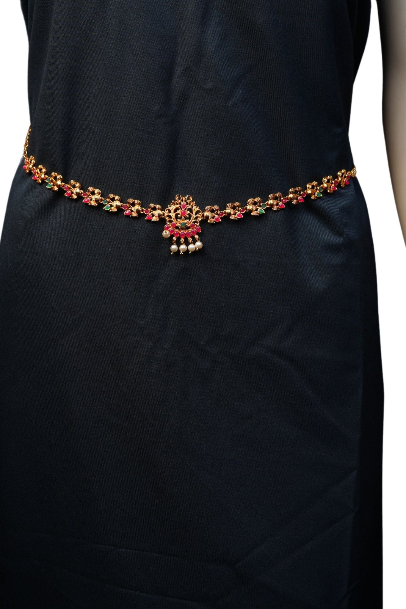 Gilded Elegance: Antique Gold and Pink Stone Hip Chain | JCSFashions Jewelry JCS Fashions Antique Gold 26"