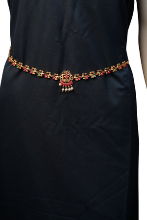 Gilded Elegance: Antique Gold and Pink Stone Hip Chain | JCSFashions