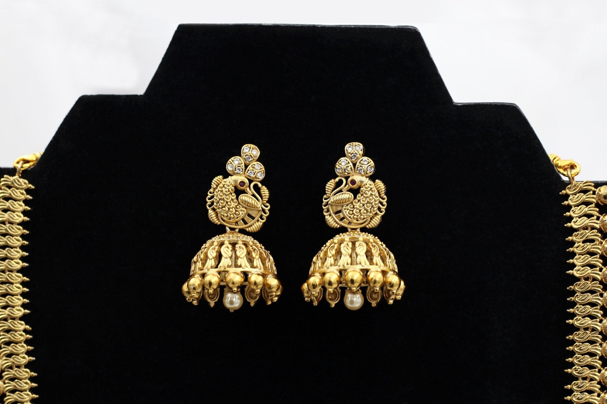 Glittering Gold-Polished Temple Jewelry Necklace Set with Jhumka Jewelry JCS Fashions