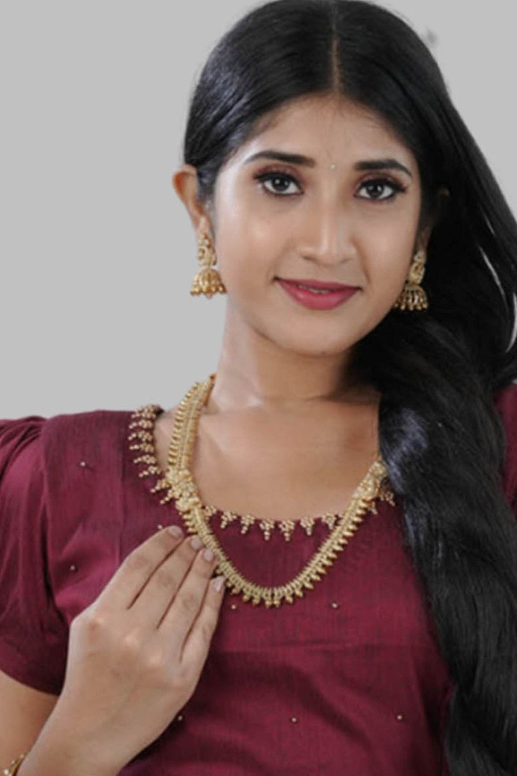 Glittering Gold-Polished Temple Jewelry Necklace Set with Jhumka Jewelry JCS Fashions