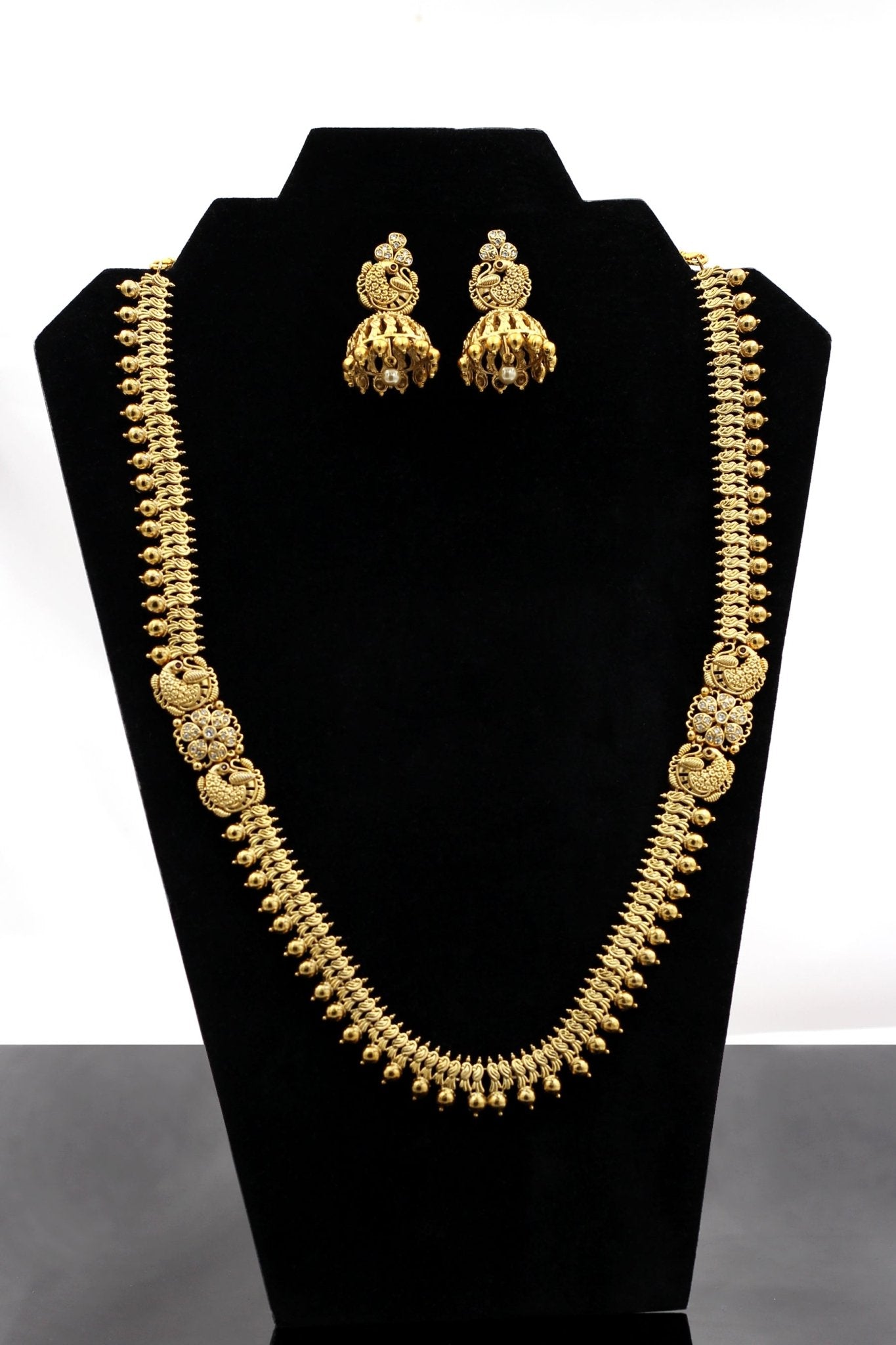 Glittering Gold-Polished Temple Jewelry Necklace Set with Jhumka Jewelry JCS Fashions Gold Free size