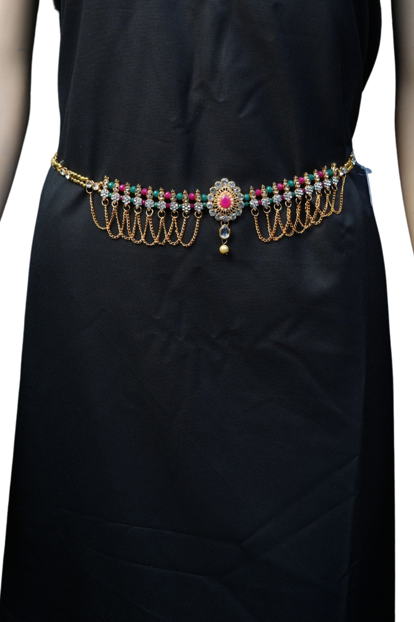 Gold Hip Belt with White Stone, Green and Pink Beads | JCSFashions Jewelry JCS Fashions Gold 38"