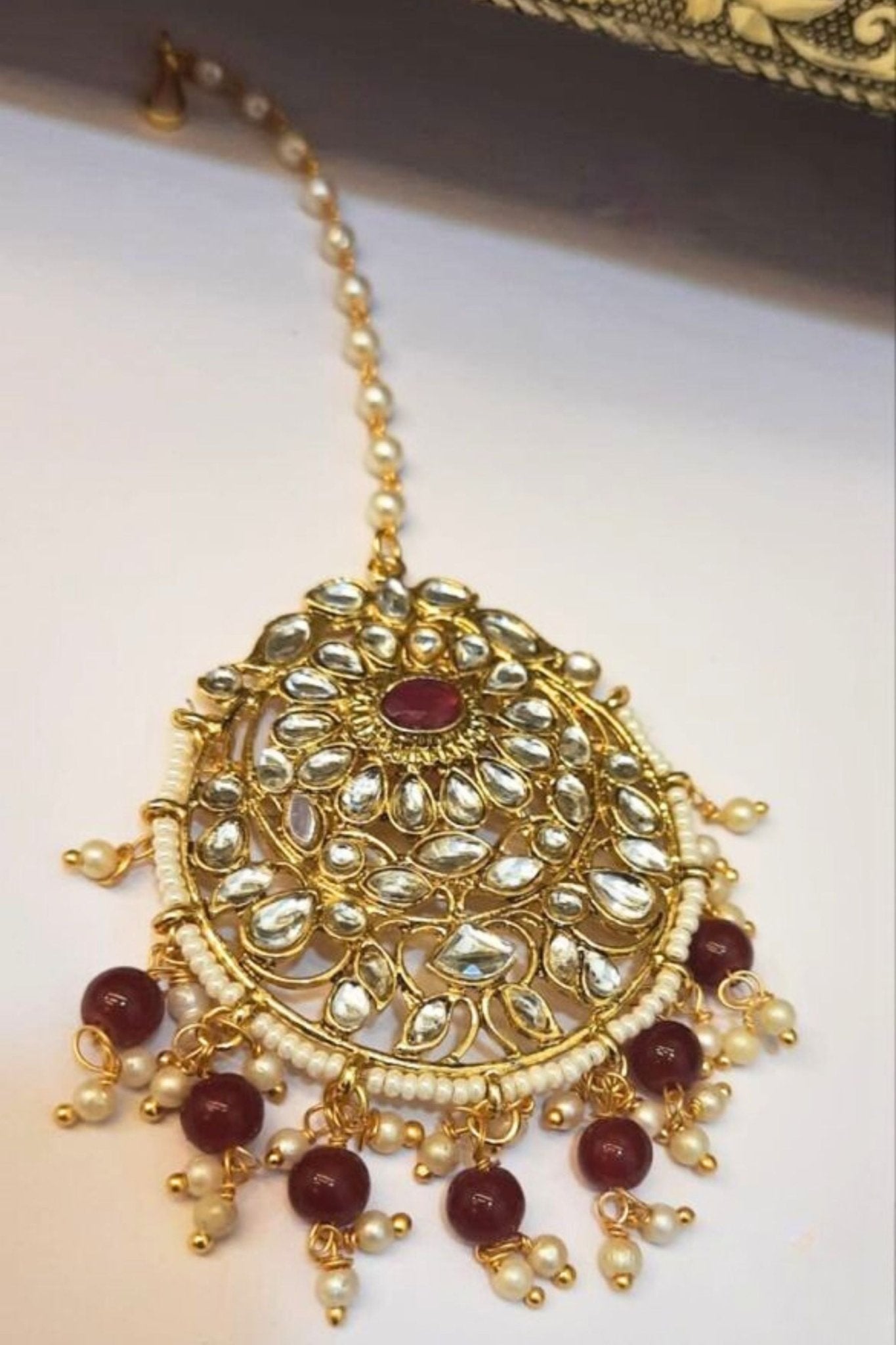 Gold Maang Tikka with Stone Work – Elegant Traditional Accessory Jewelry JCS Fashions Gold