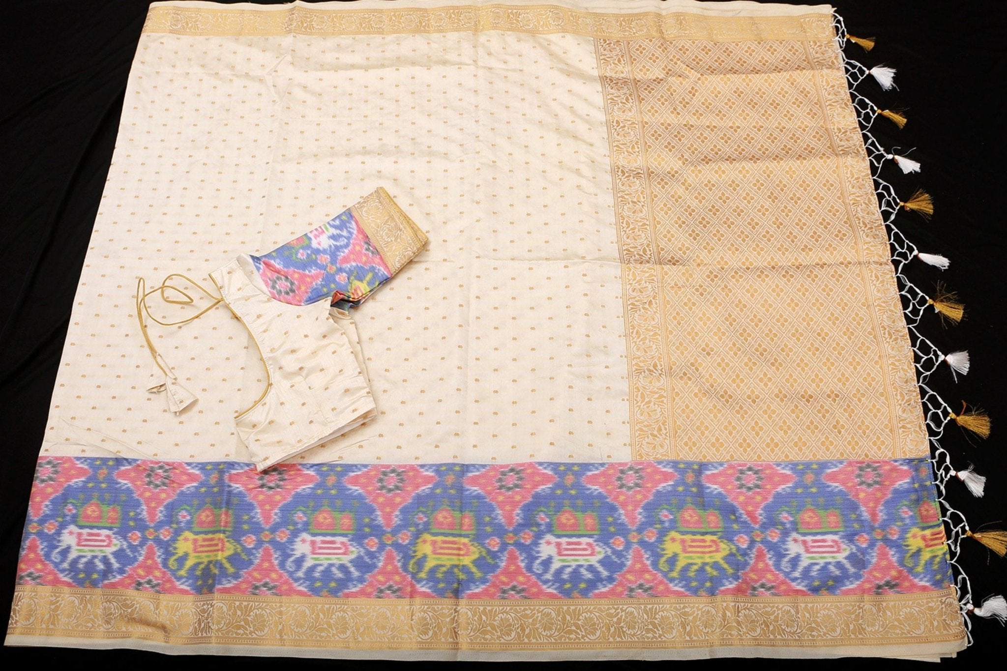 Golden Zari And Pochampally Ikkat Border Semi Silk Saree With Blouse SAREE JCS Fashions