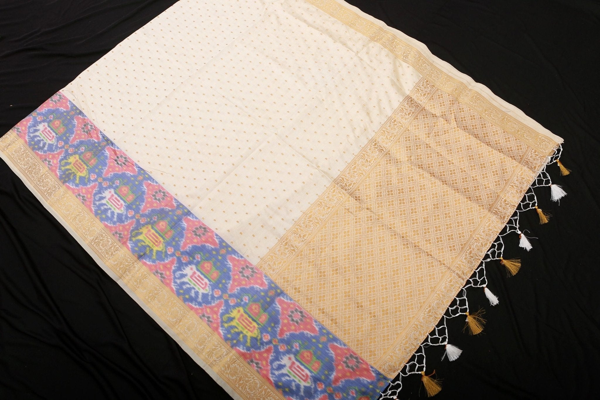 Golden Zari And Pochampally Ikkat Border Semi Silk Saree With Blouse SAREE JCS Fashions