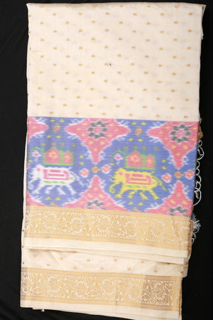 Cream Golden Zari And Pochampally Ikkat Border Semi