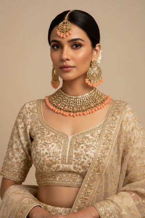Pink Kundan Polki Choker Necklace Set with Earrings