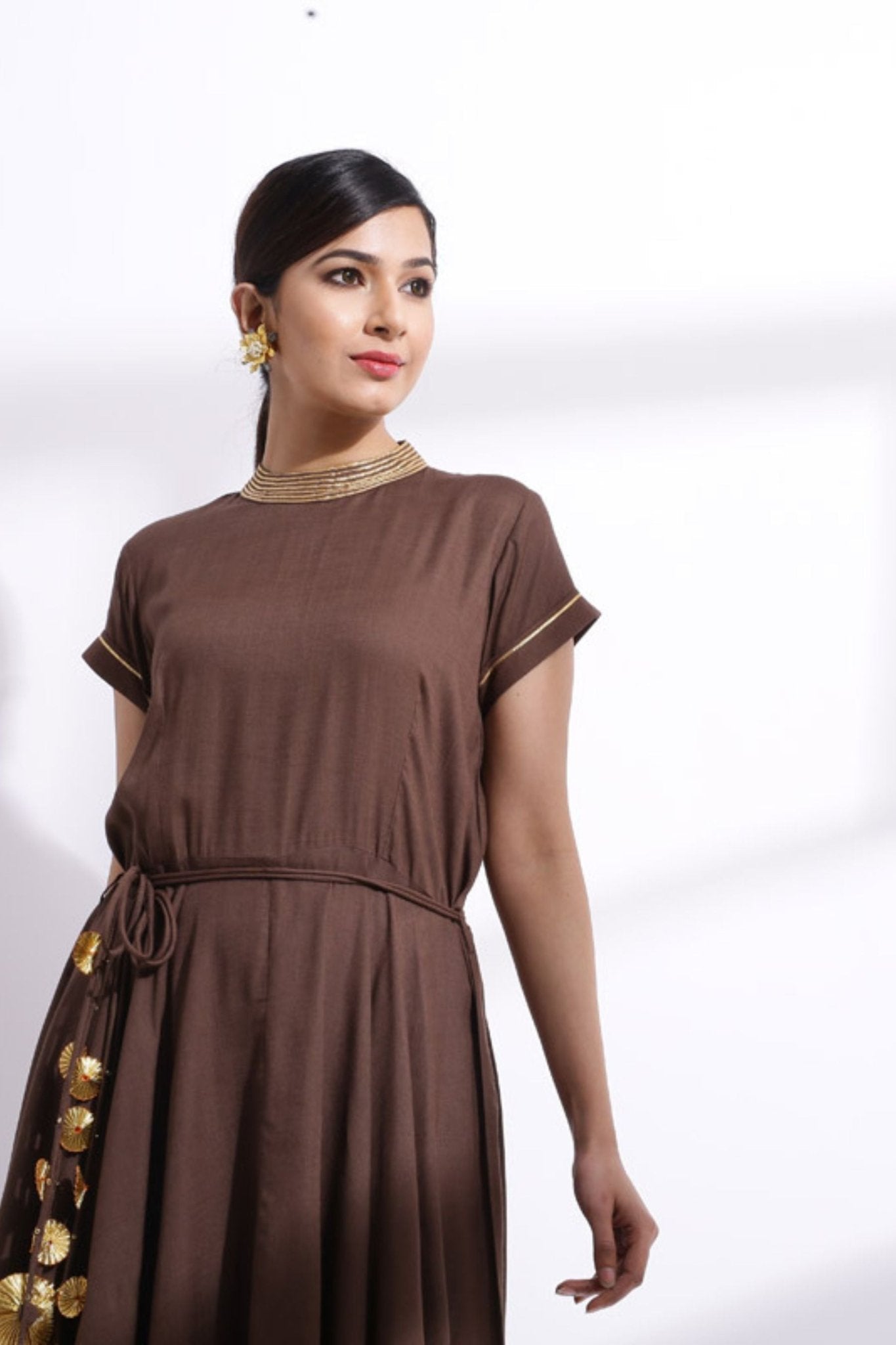 Gota Detailing Fishtail Dress brown solid -JCS Fashions Sustainable JCS Fashions